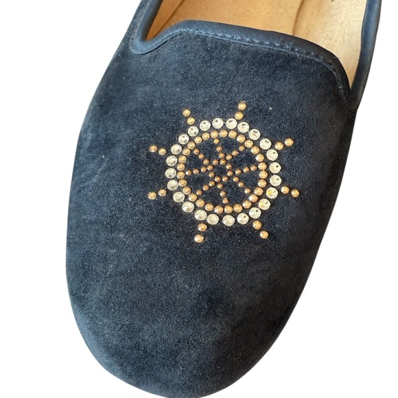 UGG Navy Blue Alloway Crystal Bow Flats Nautical Anchor Slip On Velvet Size 6 - Picture 4 of 11